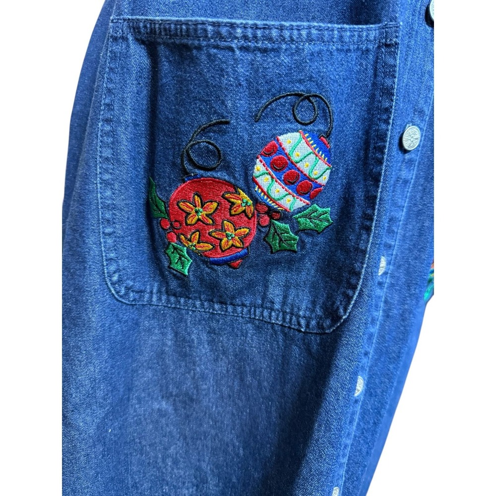 Vintage Christmas Denim Jumper Dress Womens 12 Embroidered Teacher‎ Midi - Picture 4 of 16